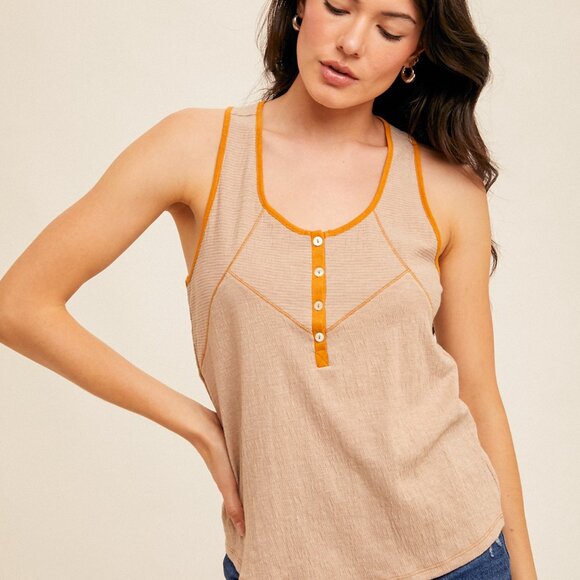 HEM & THREAD Tan Henley Tank Top with Orange Trim, Button Front Detail, Casual - Picture 2 of 4